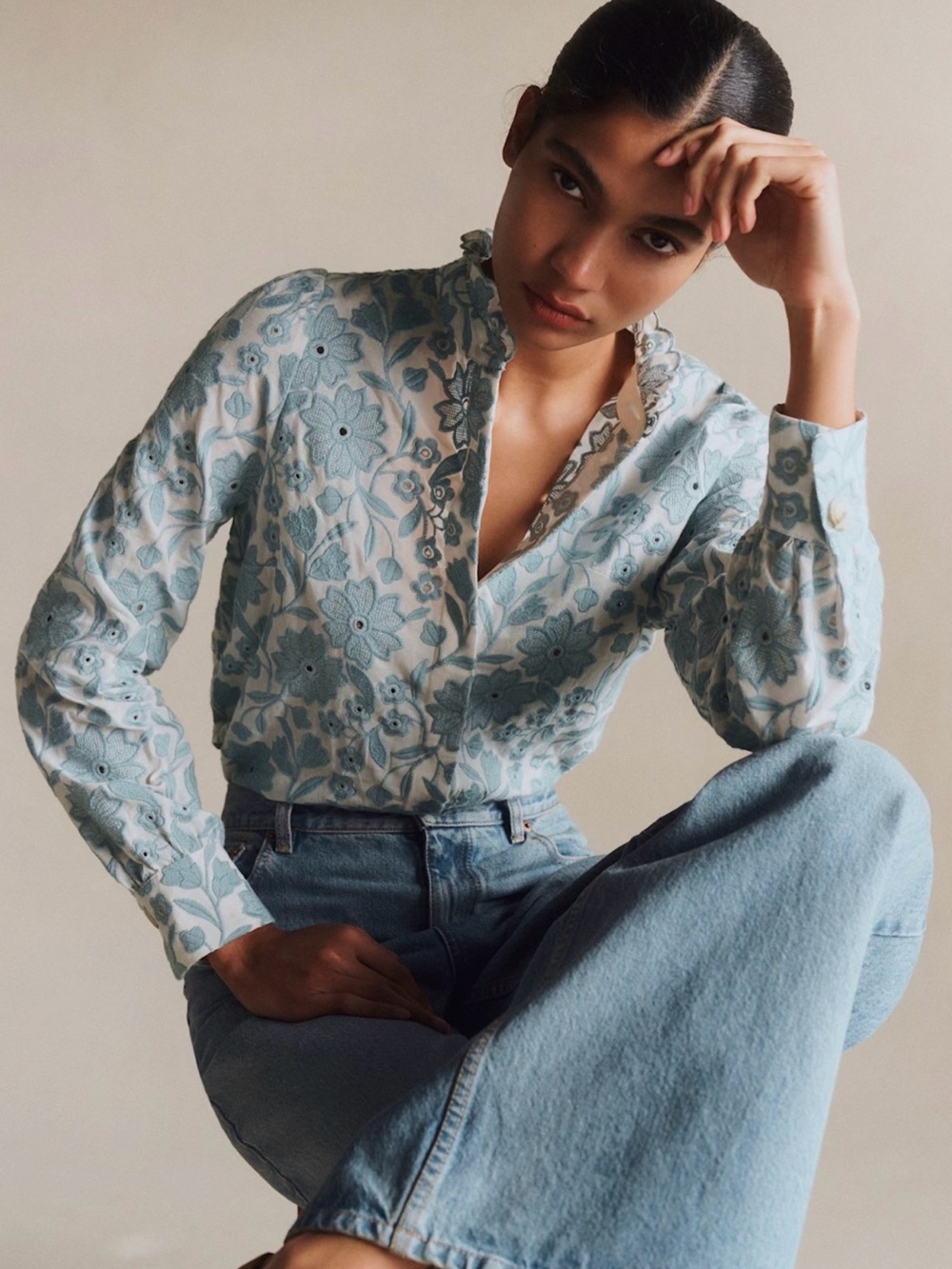 Sezane Amber Shirt - blue and ecru - size 36 (4)